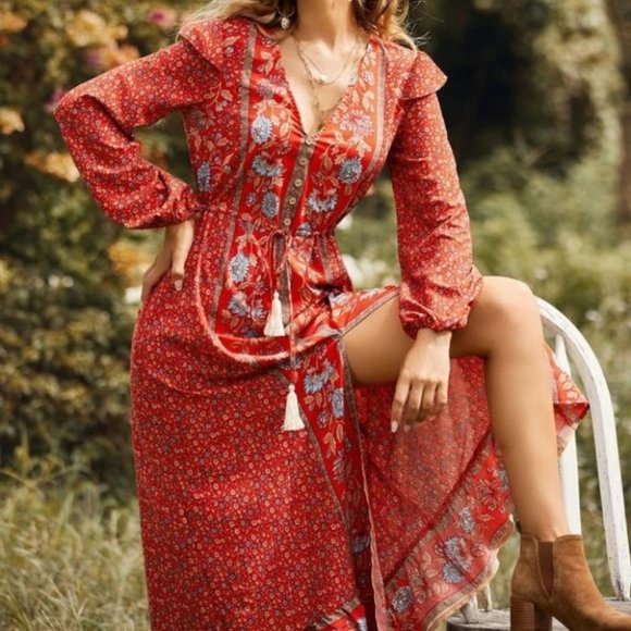 red Floral Ruffle detailed Drawstring Waist Split Hem Maxi Cottagecore Dress - Picture 4 of 6